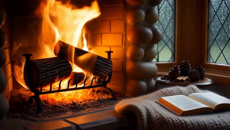 cozy fireplace with book on a rainy day