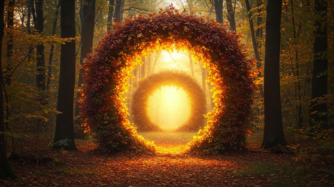 Enchanting Autumn Pathway: Illuminated Circular Vines Framing Ethereal Forest Glow in Magical Woodland Setting