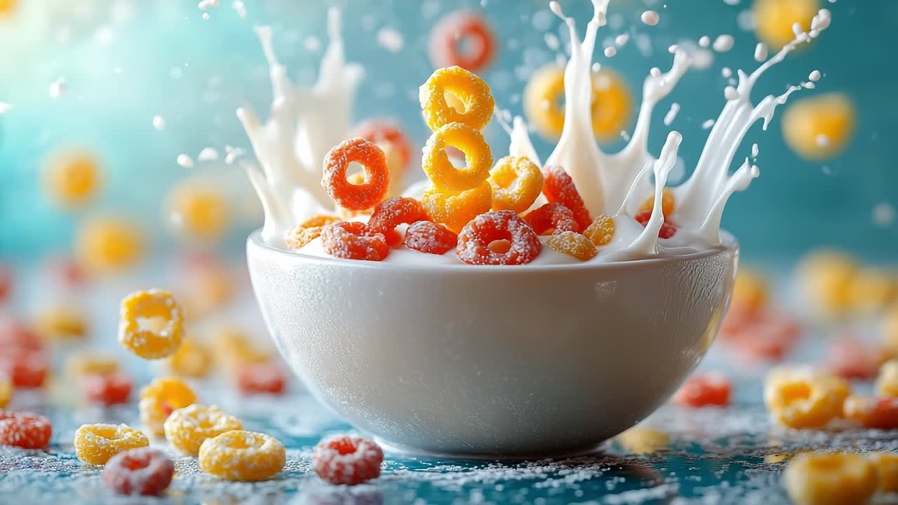 Colorful cereal splashes in creamy milk. Bowl filled with colorful cereal splashes as milk is poured, creating a vibrant and dynamic breakfast moment.