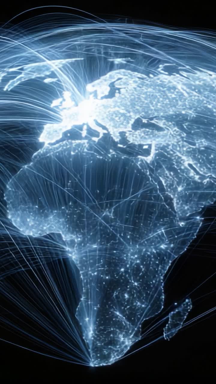 En fantastisk visualisering av global uppkoppling: upplysta linjer som representerar data- och kommunikationsflöde över kontinenter mot en mörk bakgrund
