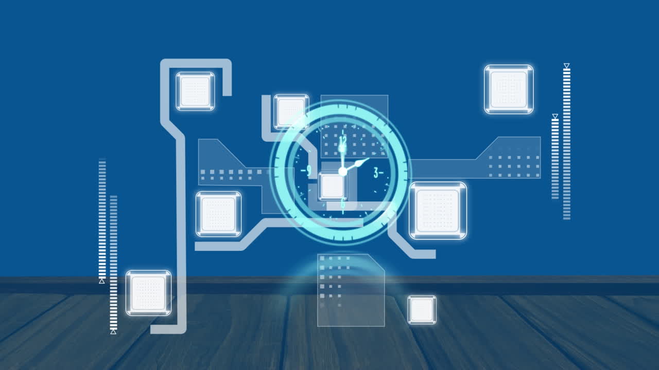 Animation of moving clock and integrated circuit on blue background