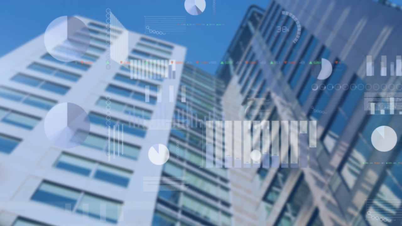 도시 풍경 위의 금융 데이터 처리 애니메이션