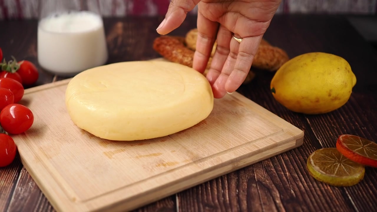 Mano che solleva una forma di formaggio rotonda da un tagliere di legno