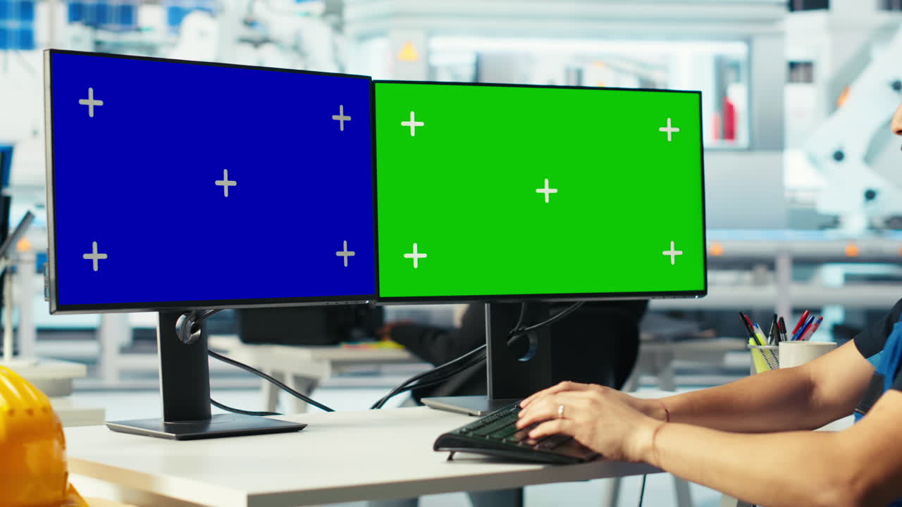 ingeniero de una fábrica fotovoltaica trabaja en una computadora de maqueta para mejorar la eficiencia