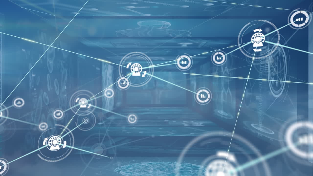 아이콘과 데이터 처리와 함께 연결 네트워크의 애니메이션 구름과 함께 하늘 위에