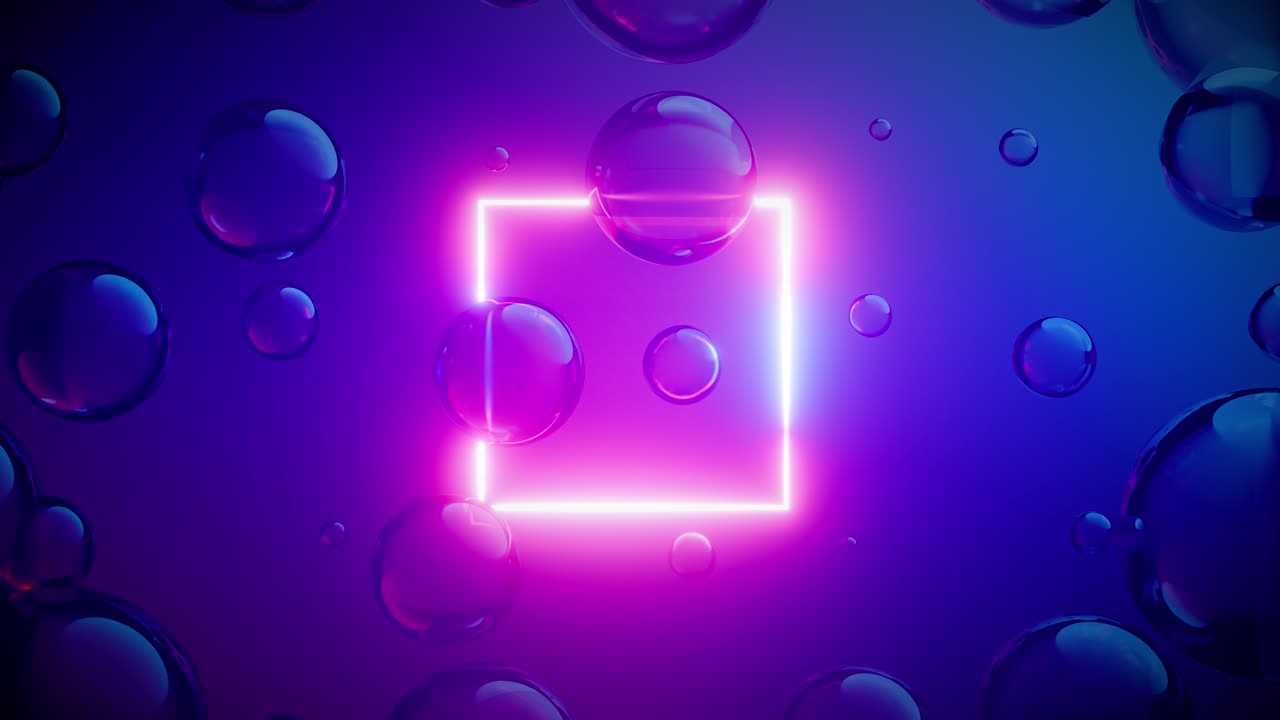 Glowing Neon Square with Floating Bubbles on a Vibrant Gradient Background