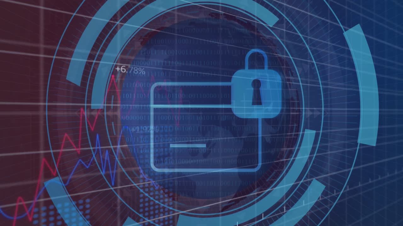 анимация замка и кредитной карты в загрузочных кругах над графиками и глобусом