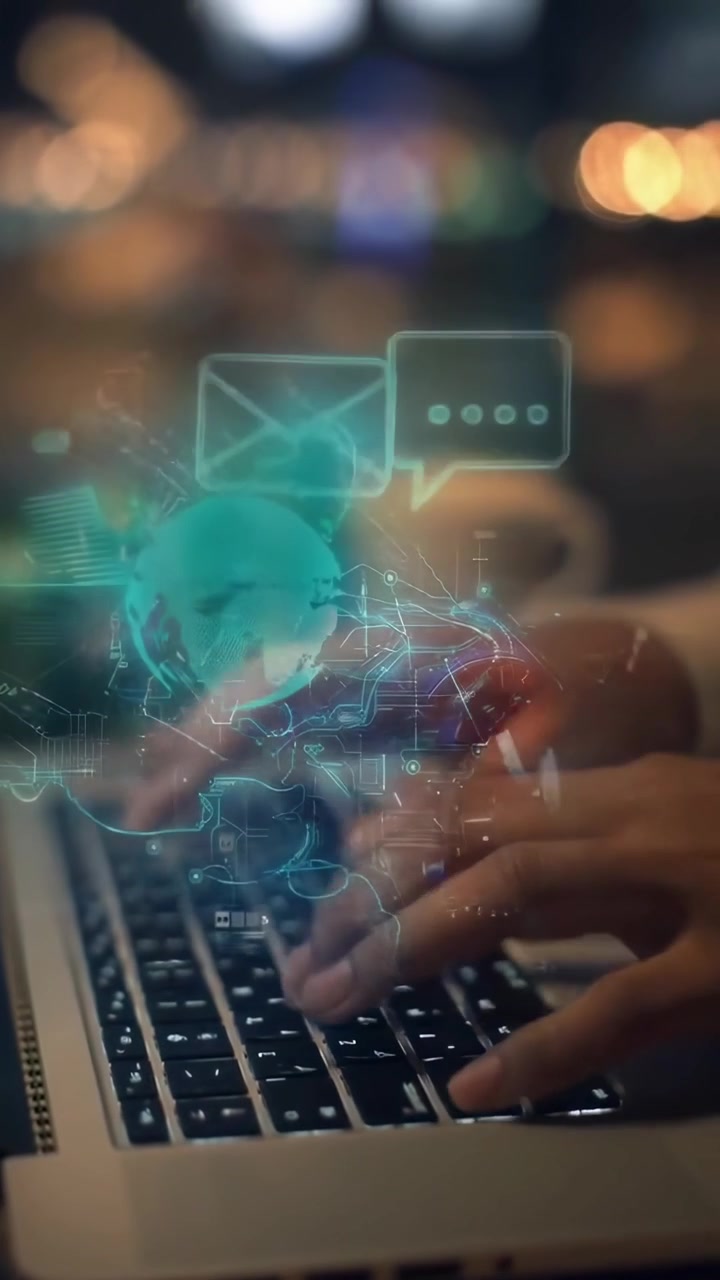 Close-up of Hands Typing on Laptop with Digital Communication Overlay