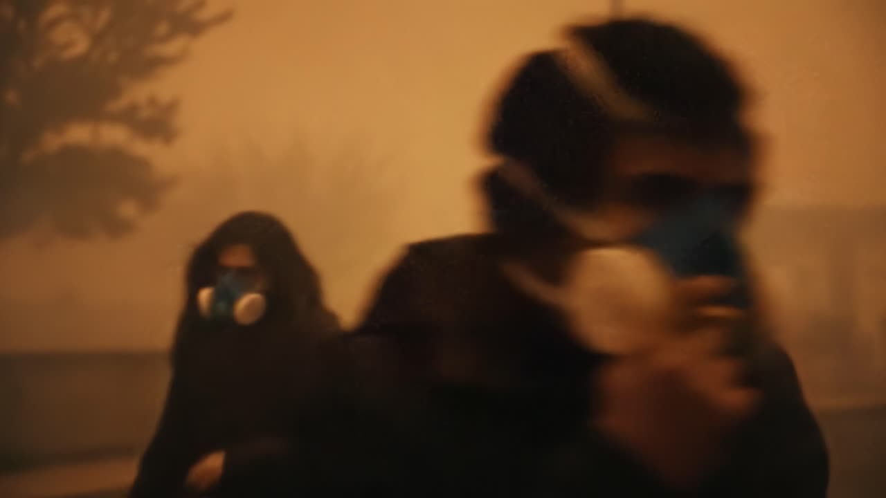 Amidst the Gloom: Individuals Wearing Protective Masks Traverse Through an Obscured Environment Marked by Hazardous Air Quality and Thick Smoke