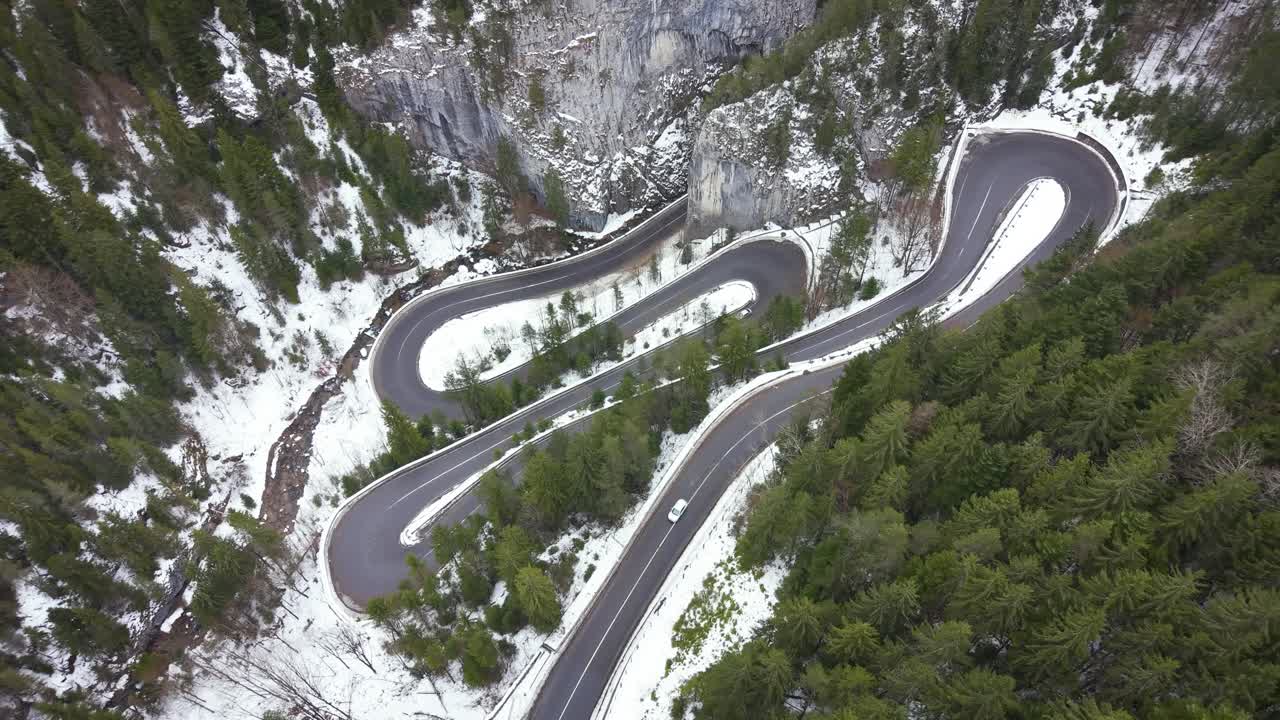 Aerial drone view at Cheile Bicazului in Romania mountains during winter time