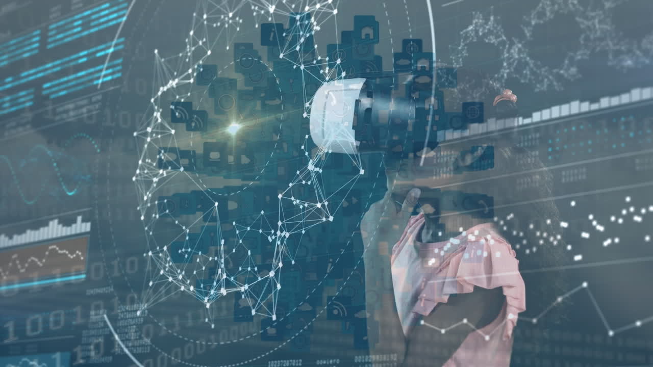 animación de procesamiento de datos digitales sobre la niña usando auriculares vr
