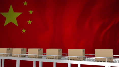 animation of cardboard boxes on conveyor belt over flag of china
