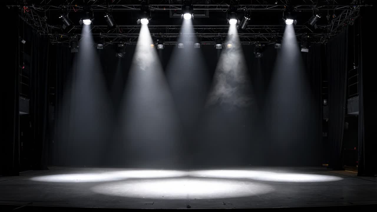 Dark performance stage illuminated by bright overhead spotlights with light haze, creating a dramatic concert or theater background