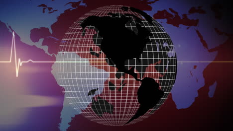 heart rate monitor over spinning globe against world map on purple background