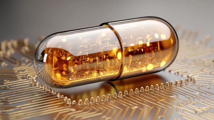 Una Capsula Futuristica con Circuiti Luminosi, che Fonde Elementi Biologici e Tecnologici Circondata da Complessi Motivi Circuitici in un Paesaggio Metaforico di Fantascienza