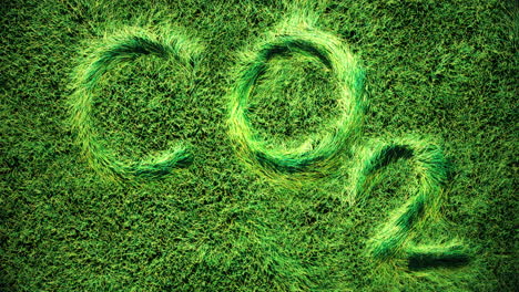 3D-Animationsabdruck-Des-Wortes-„CO2“-Auf-Der-Draufsicht-Einer-Grünen-Wiese,-Grashalme-Wehen-Dezent-Im-Wind-Und-In-Der-Luft,-Motion-Graphics-Buchstaben-Werden-Auf-Das-Gras-Geprägt