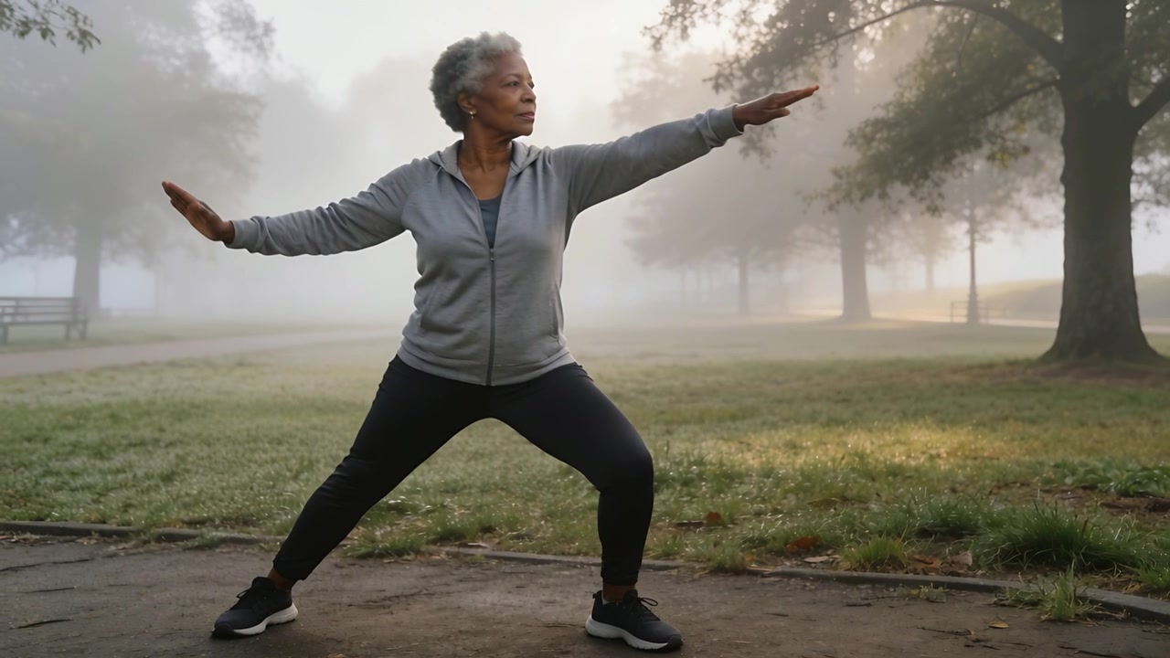 Donna anziana in abbigliamento sportivo che esegue una lenta routine di equilibrio in un parco nebbioso all'alba vicino a una panchina