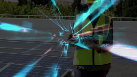 energy technician tapping tablet amid solar array, with glowing pink-blue beams radiating