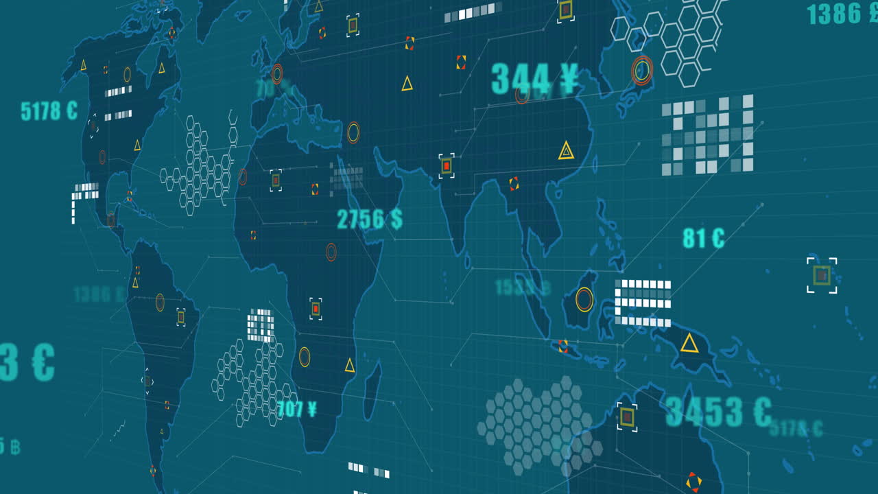 Animation of financial data processing over world map