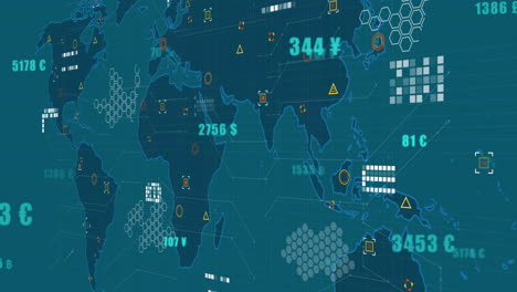 animación del procesamiento de datos financieros sobre el mapa del mundo