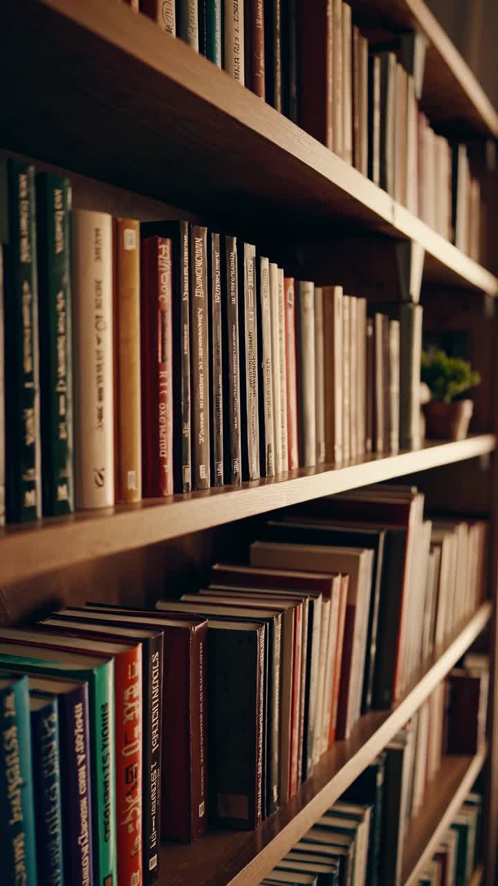 A video showcasing a cozy library with a low-angle view along a wooden bookshelf filled with books