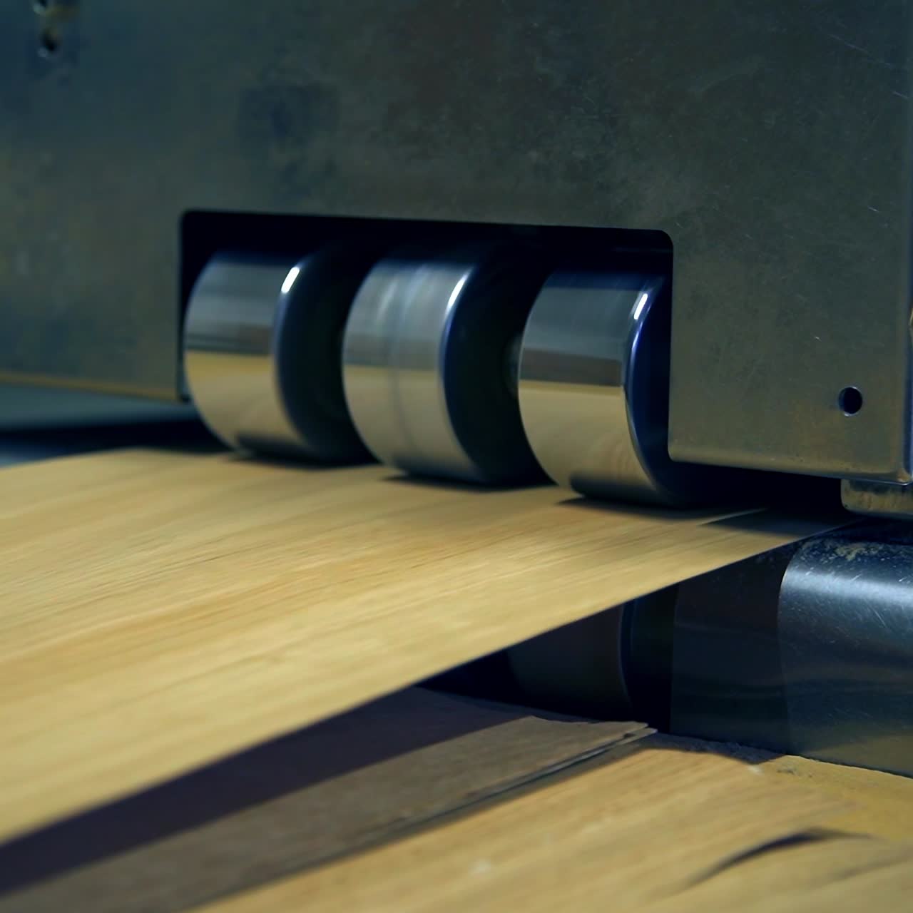 Equipment at modern plant for doors manufacturing. Shiny metal rollers letting out wooden veneer. Close up