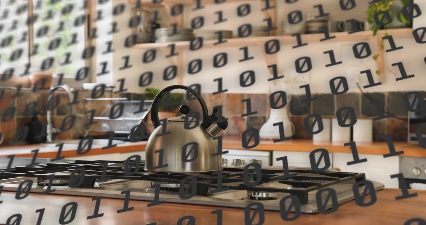 Fading in on start binary digits scrolling over steel kettle visualizing data infusion in kitchen