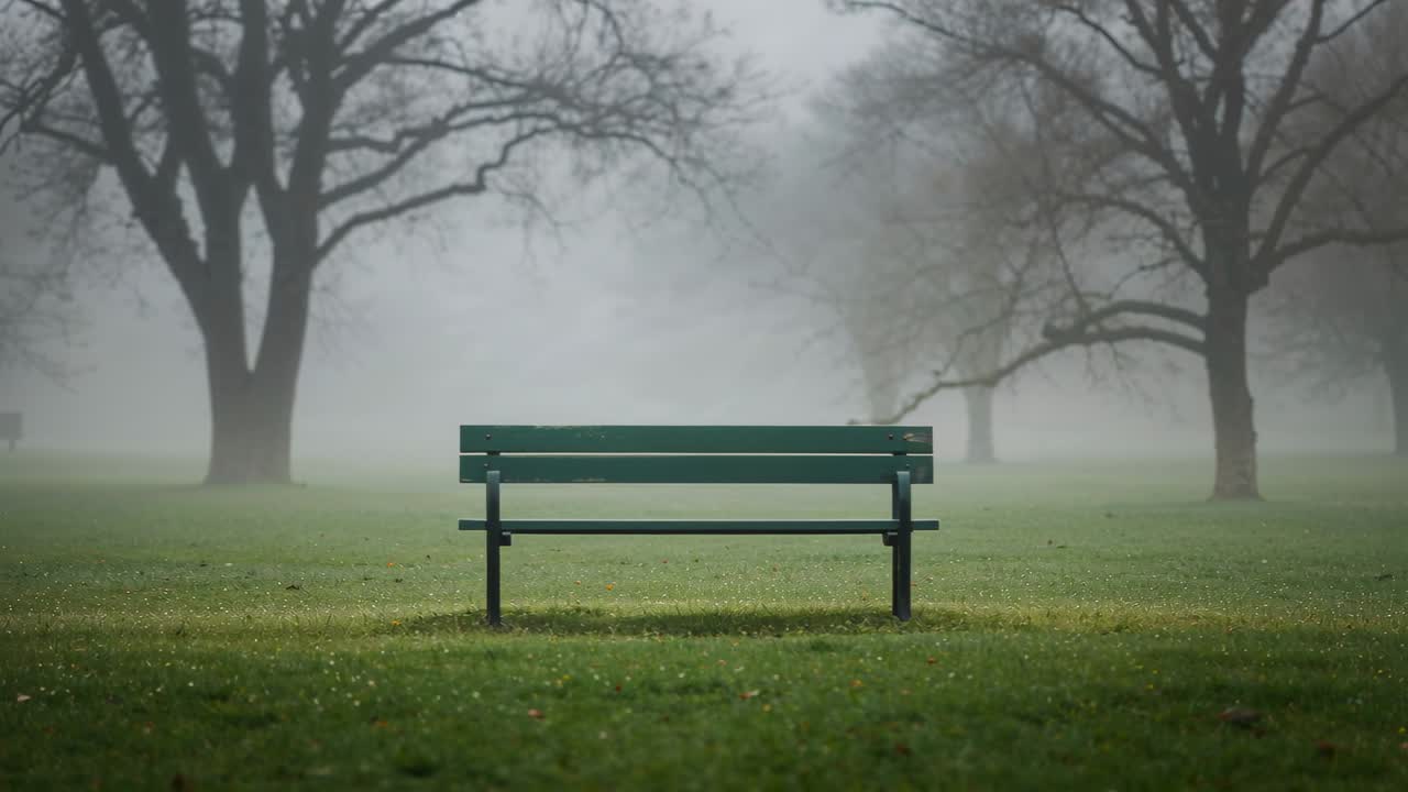 Vertical video: Thickening mist softening distant trees at park lawn, with green bench, damp air