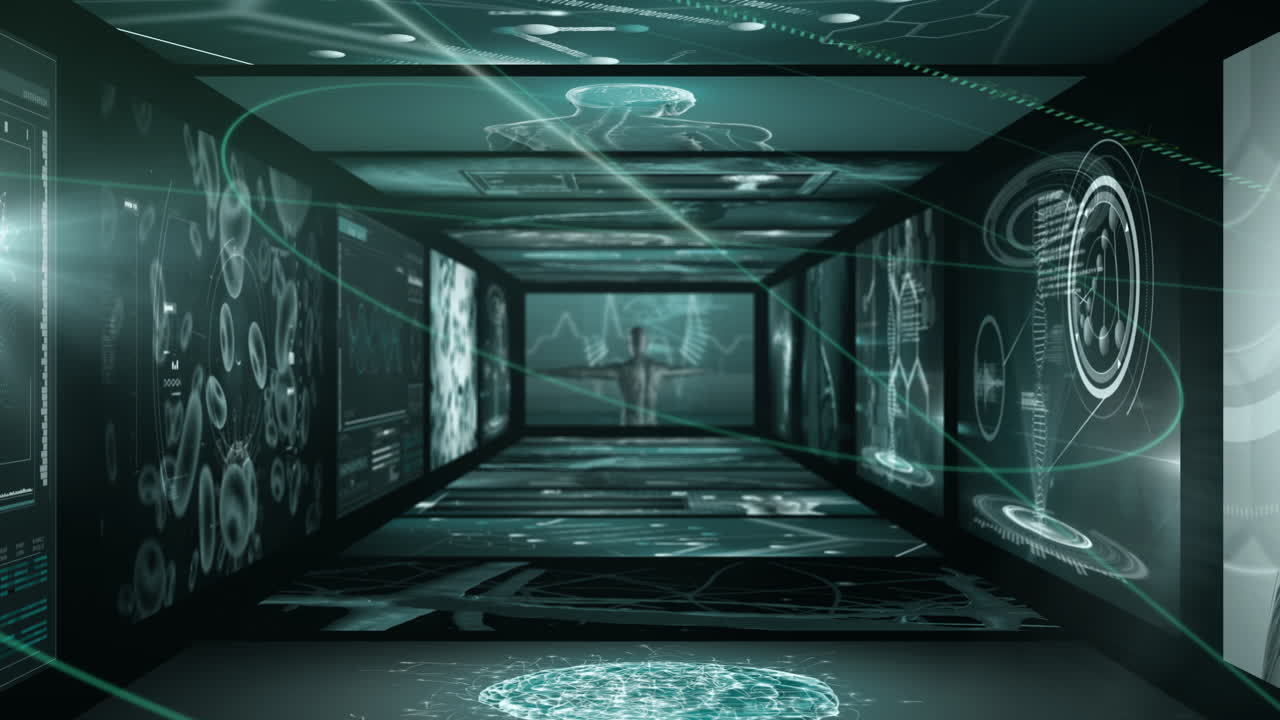 Animation of futuristic school corridor with holographic data and human silhouette
