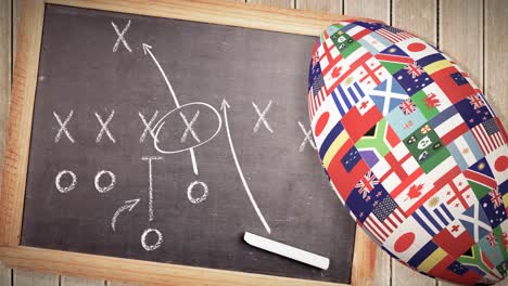 Animation-of-rugby-ball-formed-with-national-flags-and-strategy-board-in-background