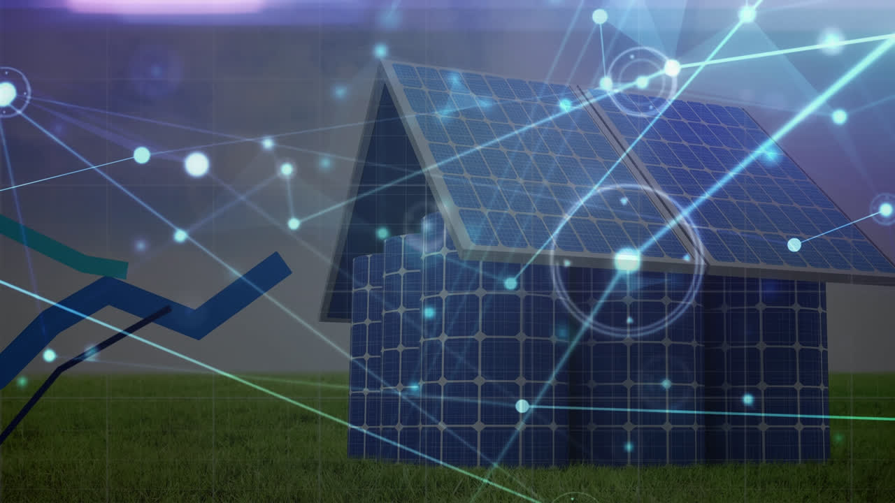 анимация сети соединений над домом, сделанной из солнечных панелей и графиков