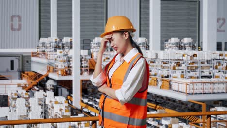 vista lateral de una ingeniera asiática con casco de seguridad que tiene dolor de cabeza mientras está de pie en el almacén con estantes llenos de productos de entrega