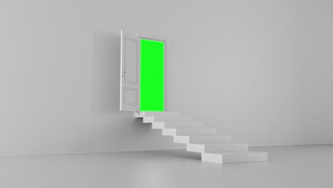 open door with steps in a bright room on a green screen