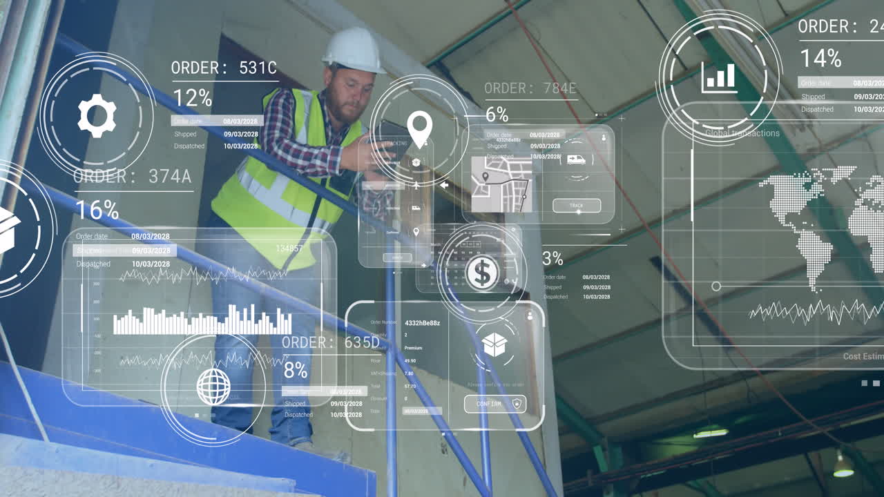 Animation af databehandling på skærme over en kaukasisk mand, der arbejder på et lager