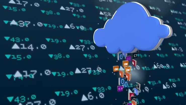 Icons rising into a blue cloud while data rises and falls in the background