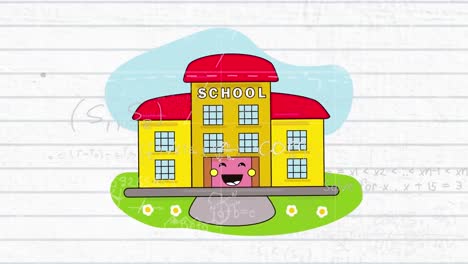 Animation-of-happy-school-building-over-mathematical-formulas