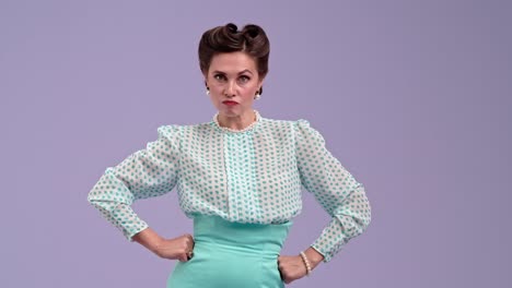 a woman in vintage formal attire with pearl jewelry showcasing a range of serious to angry expressions