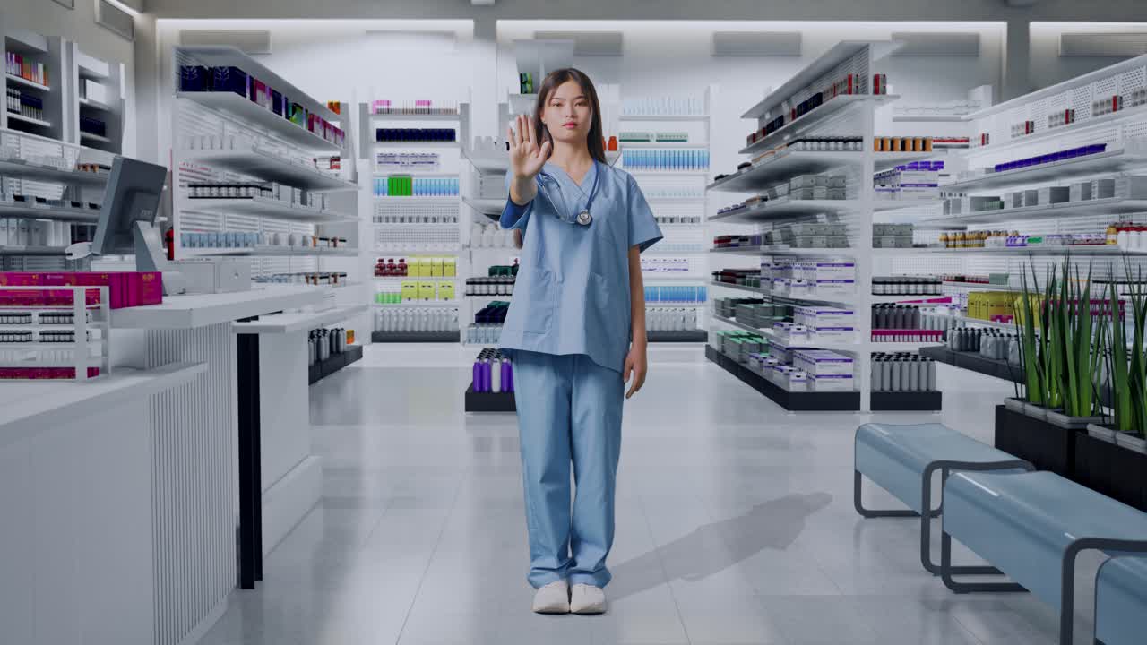 스테토스코프를 들고 있는 아시아 여성 의사의 몸이 가게에 서서 멈추는 몸짓을 하고 있습니다.