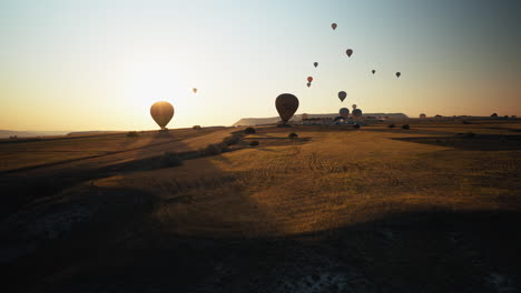 sunrise in cappadocia with hot air balloons casting long shadows over golden wheat fields. a cinematic and peaceful moment from turkey’s iconic balloon region.