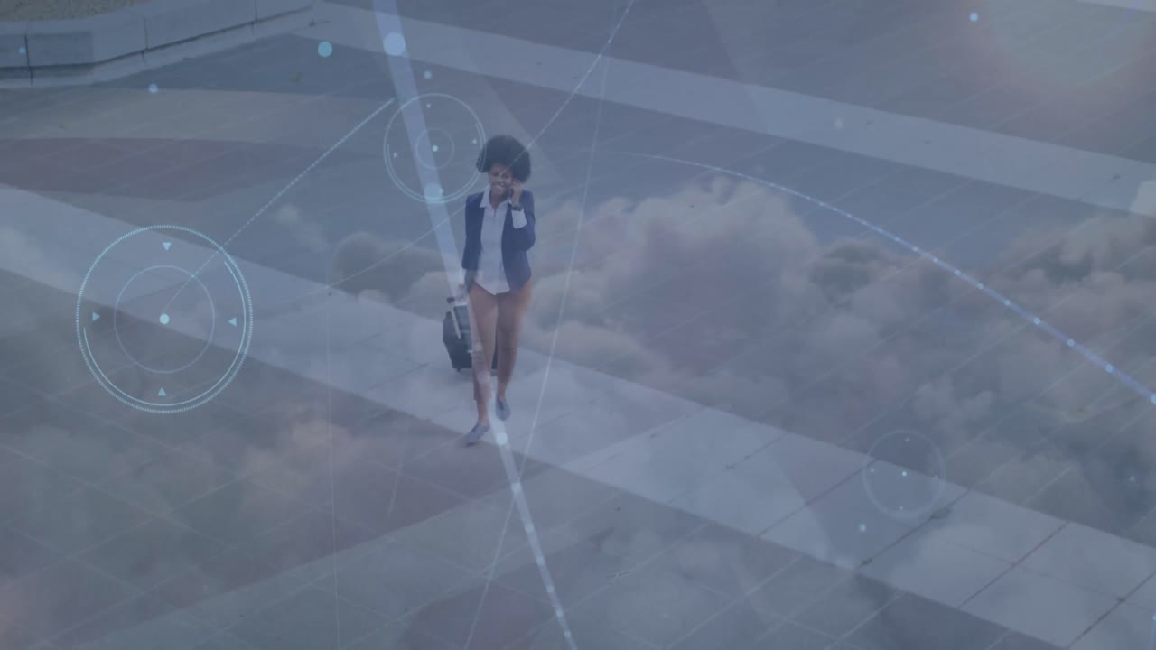 Animation of network of connections over woman using smartphone in city
