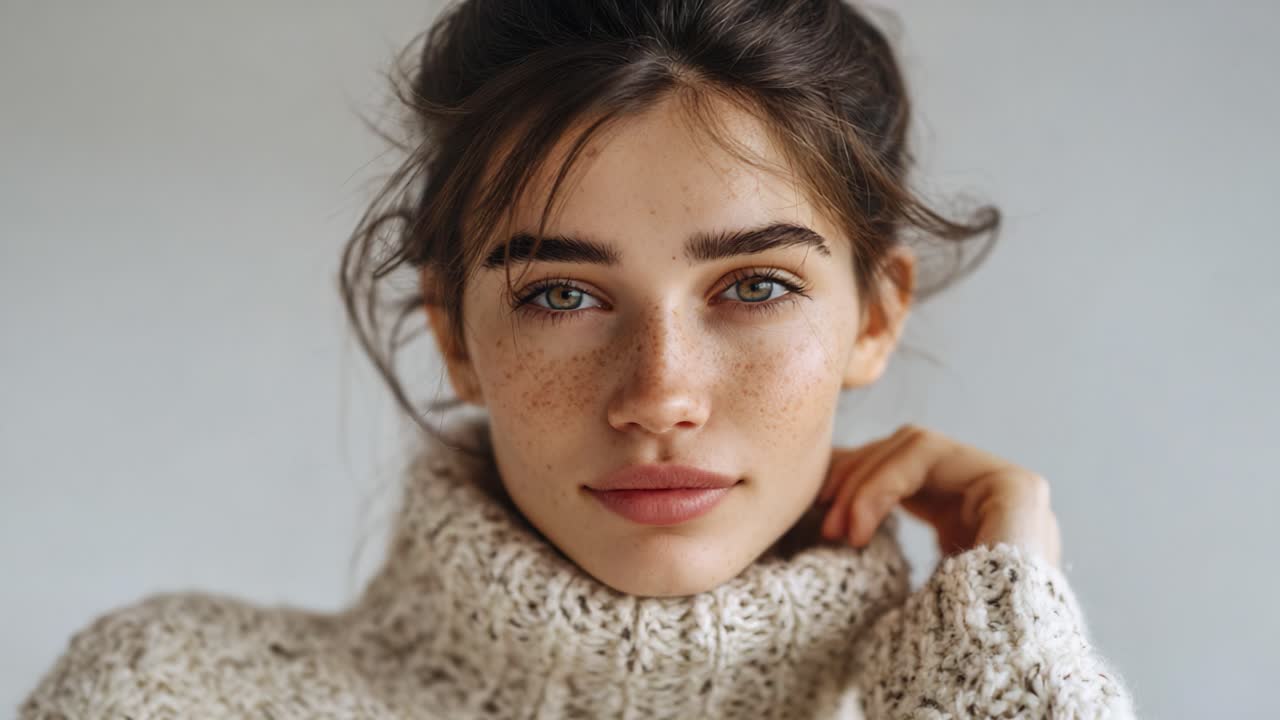 A Close-Up Portrait of a Young Woman with Freckles and a Cozy Sweater, Capturing Her Natural Beauty and Expressive Eyes in a Serene Setting