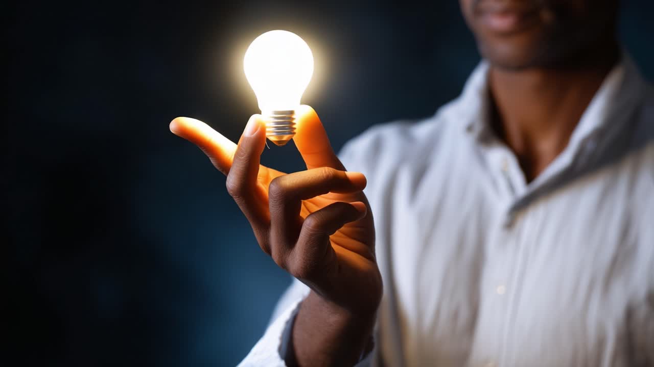 A person holds a glowing light bulb delicately between their fingers, illustrating the concept of bright ideas and innovations in a beautifully lit composition