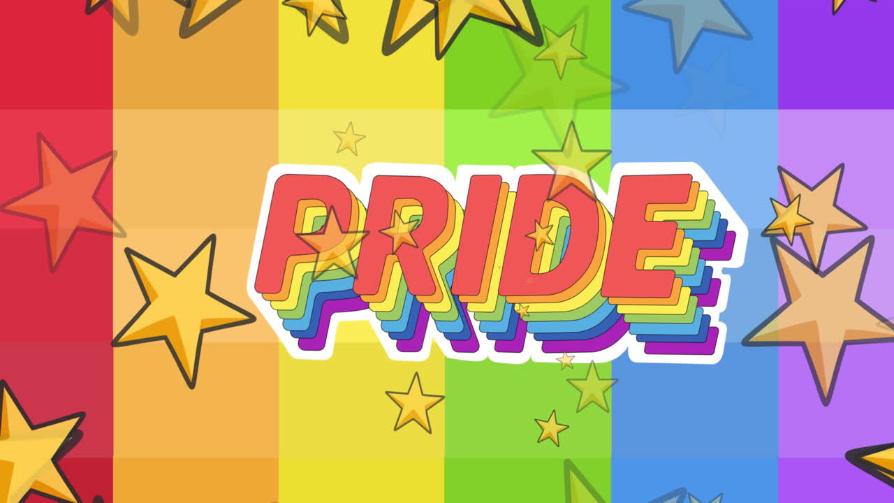 animación de estrellas y texto de orgullo sobre cuadrados coloridos