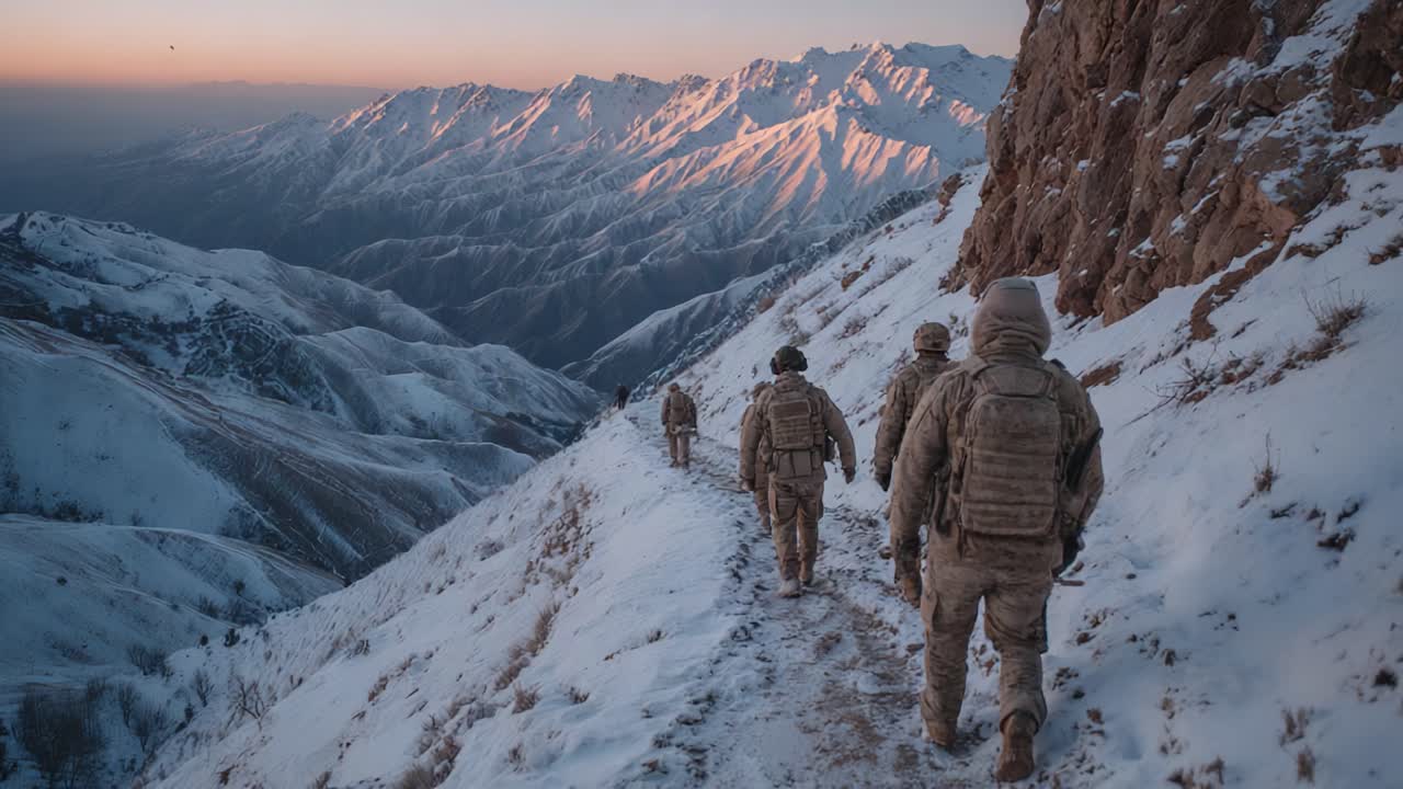 Military Personnel Navigating Rugged Snow-Covered Terrain Against a Backdrop of Majestic Snow-Capped Mountains at Dawn, Showcasing Nature's Beauty and Human Resilience