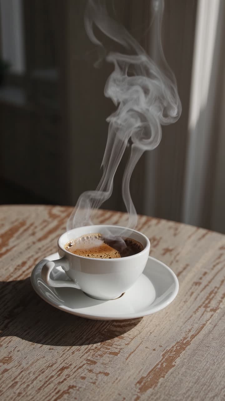 A steaming cup of coffee on a rustic wooden table, captured in a close-up angle