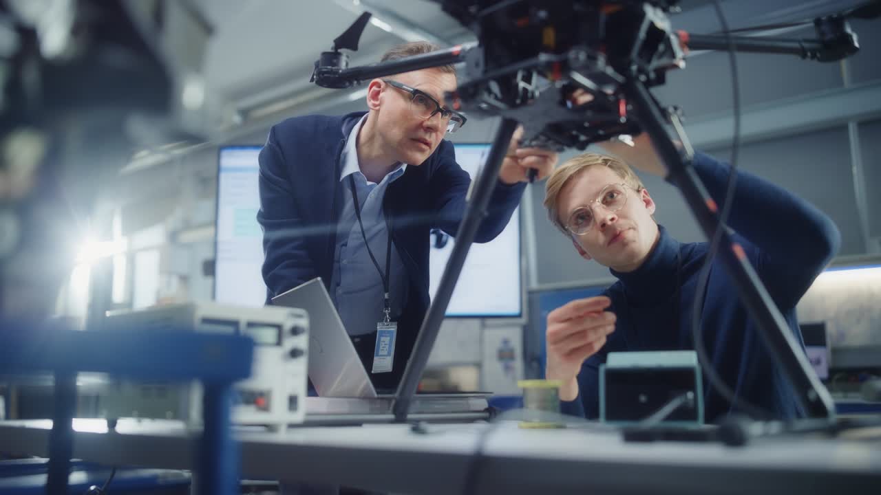 el ingeniero jefe mira el dron atentamente mientras discute el diseño con un científico prometedor. instalación de fabricación que crea grandes productos. cámara lenta