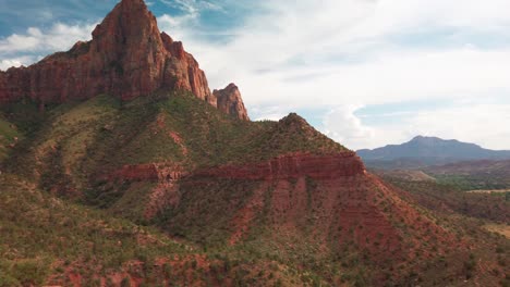 Wide-panning-shot-of-The-Watchman-rock-in-Zion-National-Park