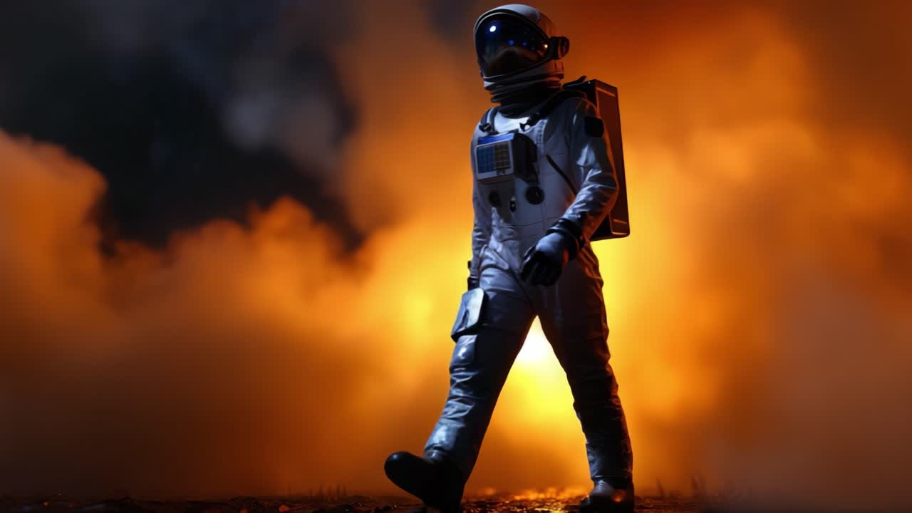 An Astronaut Progressing Through a Fiery Atmosphere, Embracing the Mystery of Space Exploration and Human Endeavor Amidst a Breathtaking Celestial Landscape
