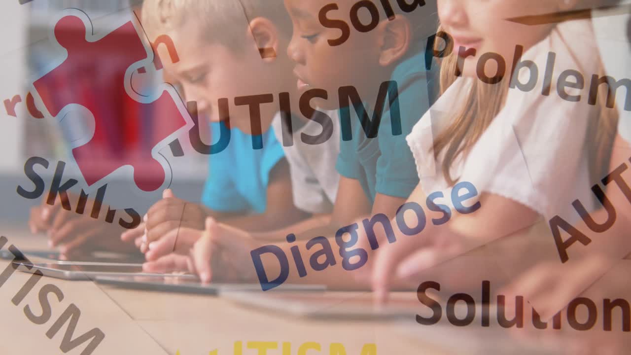 animación de rompecabezas que caen sobre el texto del autismo y los niños en edad escolar
