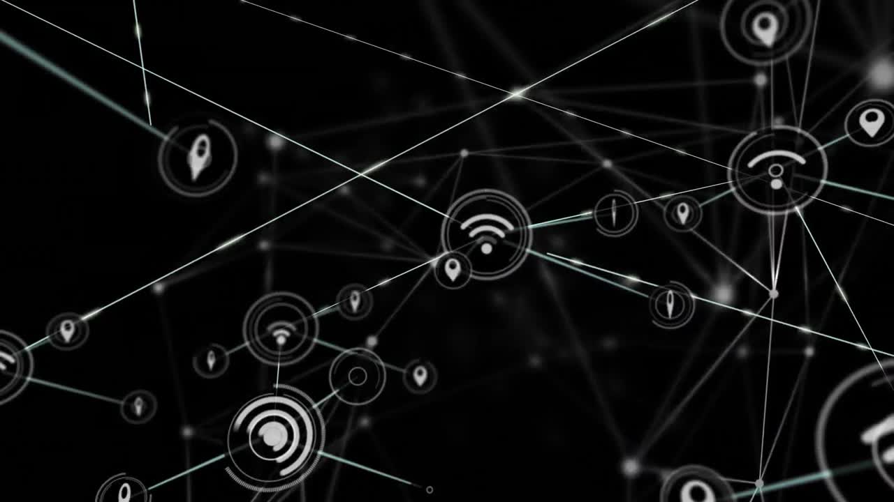 animación de la red de conexiones e iconos digitales contra un fondo negro